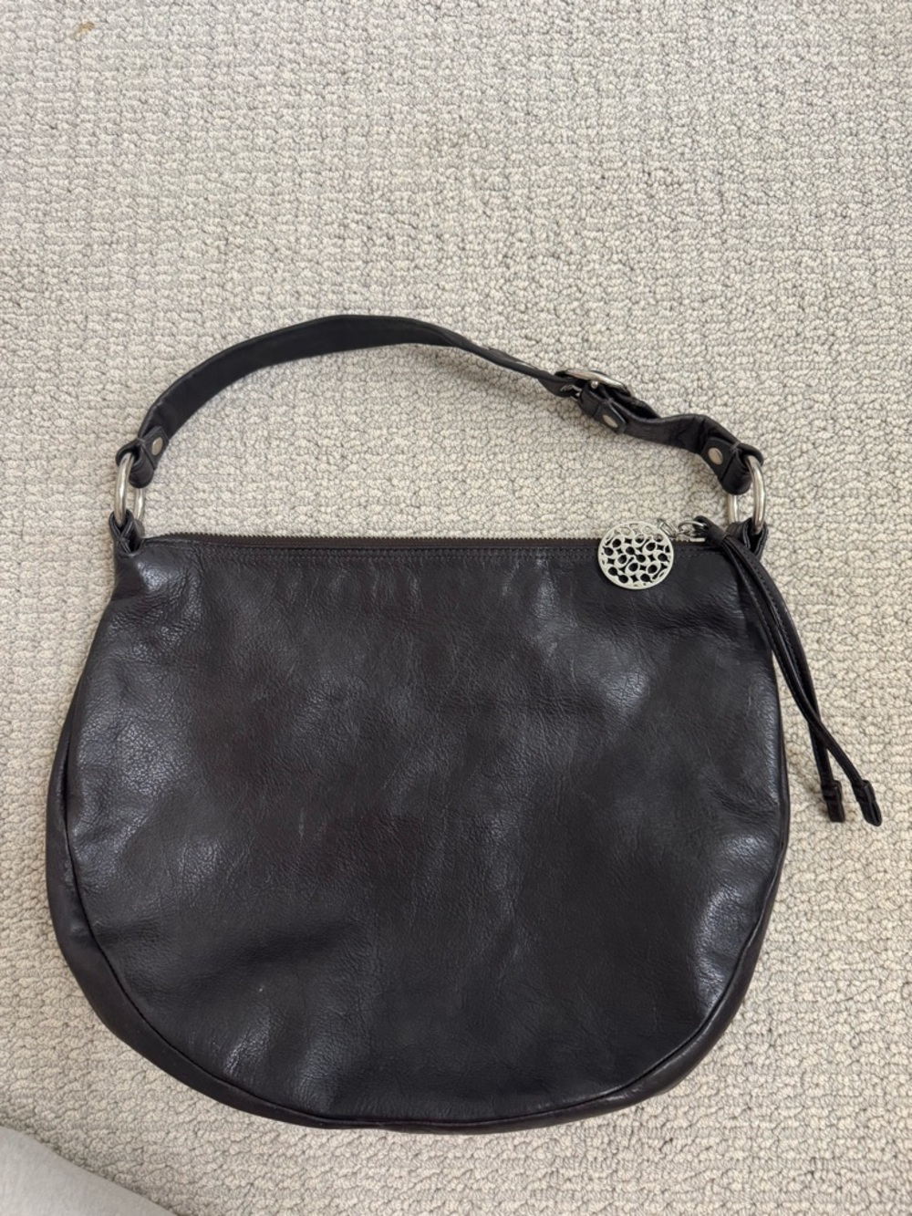 Coach Black Leather Shoulder Bag with Silver Medallion Charm